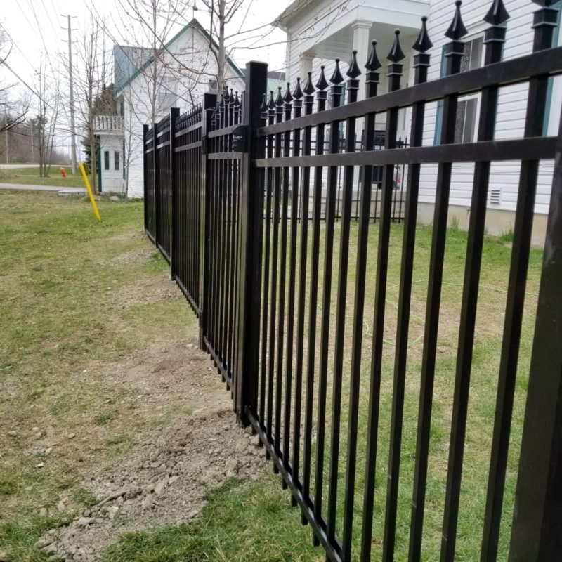 Black aluminum picket fence with finial top