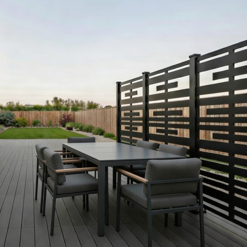 outdoor privacy screen installed in backyard eating area