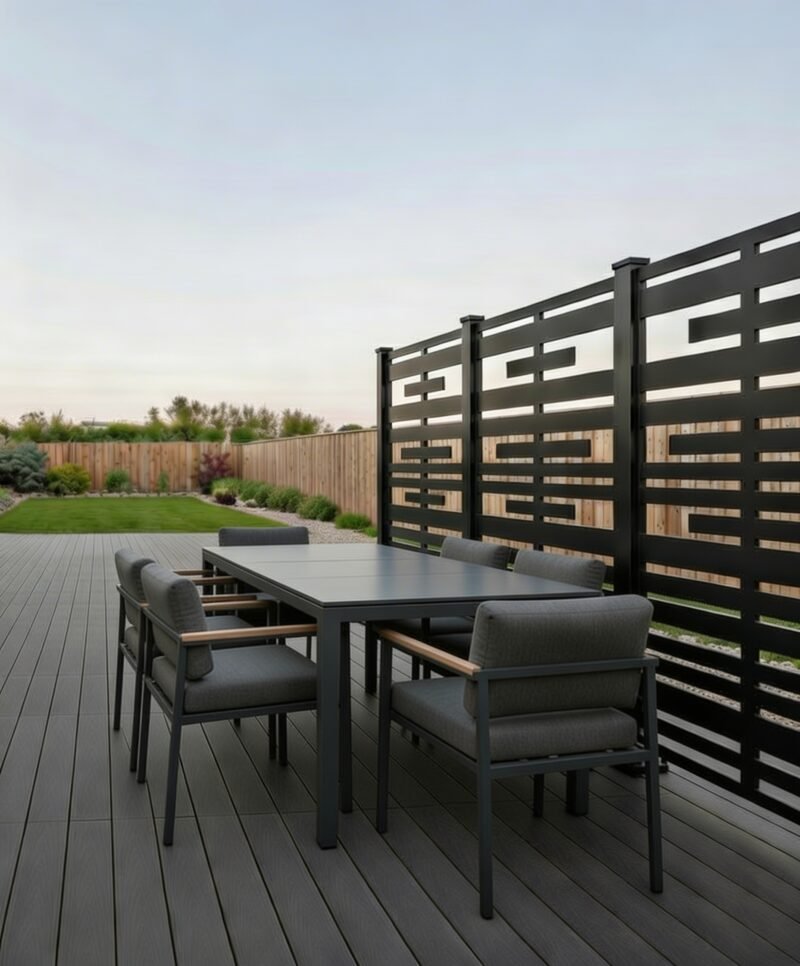 Outdoor privacy screens installed on backyard deck dining area